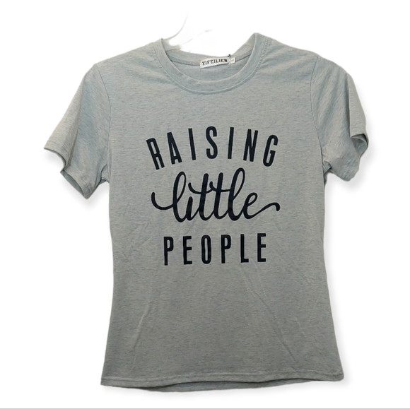 Graphic Tee Raising Little People Women's Size Large Gray Black Fitted - Picture 1 of 7
